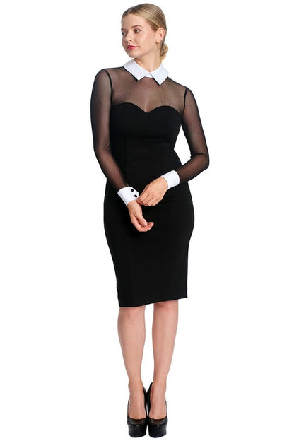 Black and white tuxedo illusion sheath dress by Peach Dionysus featuring long sleeves, midi length, contrast white collar, and cuffs.