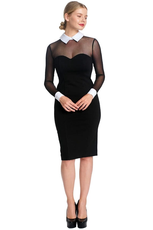 Black and white tuxedo illusion sheath dress by Peach Dionysus featuring long sleeves, contrast white collar, and cuffs.