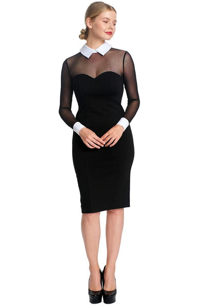 Black and white tuxedo illusion sheath dress by Peach Dionysus featuring long sleeves, contrast white collar, and cuffs.