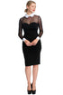 Black and white tuxedo illusion sheath dress by Peach Dionysus featuring long sleeves, contrast white collar, and cuffs.