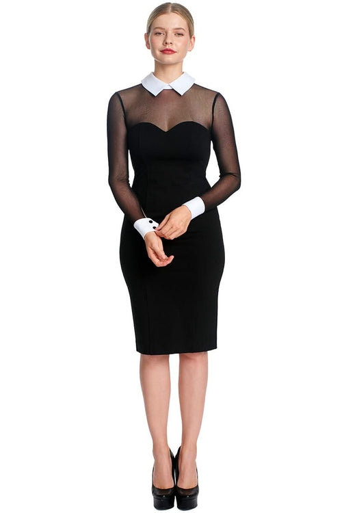 Black and white tuxedo illusion sheath dress with long sleeves, midi length, contrast white collar, and cuffs by Peach Dionysus.