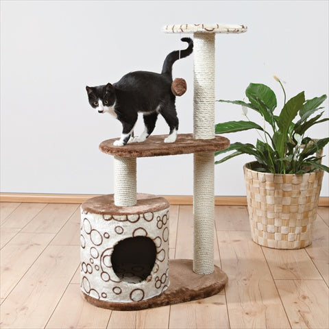 Brown and beige Casta Cat Tree by Rose Chloe with circular platforms, designed as a playful cat toy for climbing and lounging.