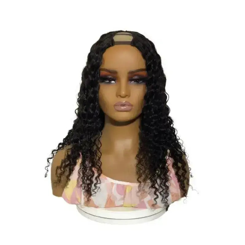 Peach Clymene U-nece versatile U-part wig made of premium human hair with multiple styling options displayed on a mannequin head.