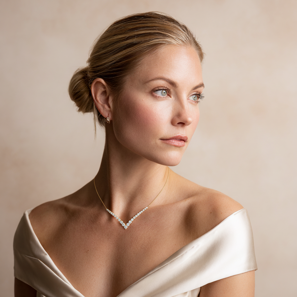 Olive Atalanta 5ct lab diamond V-shaped necklace with graduated round brilliant diamonds, IGI certified jewelry in a cinematic studio setting.
