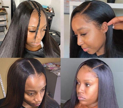 Silky straight Brazilian Remy human hair U part wig by Cerise Alfie, glueless short bob style with natural shine.
