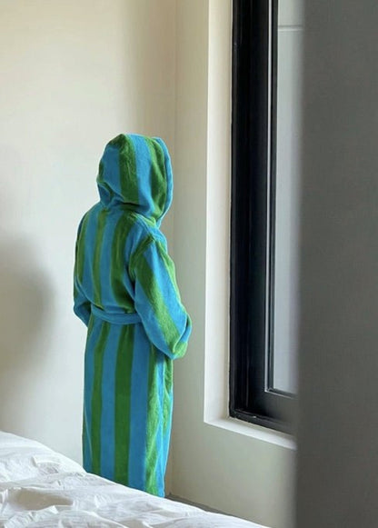 Ultra-soft retro striped bath robe by Inspecial Home made from 100% organic long-staple cotton, featuring whimsical stripe design.