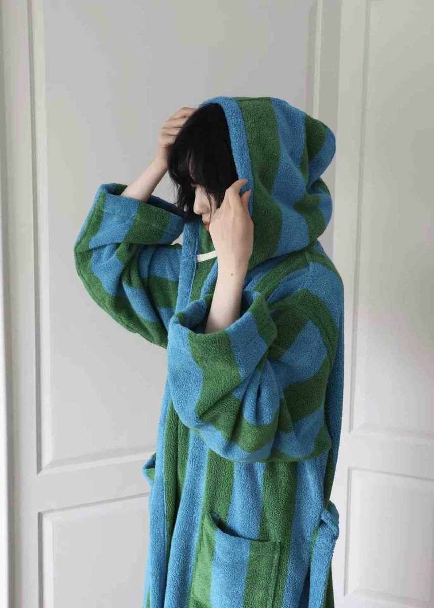 Ultra soft retro striped bath robe from Inspecial Home, made of 100% organic long-staple cotton for cozy home comfort.