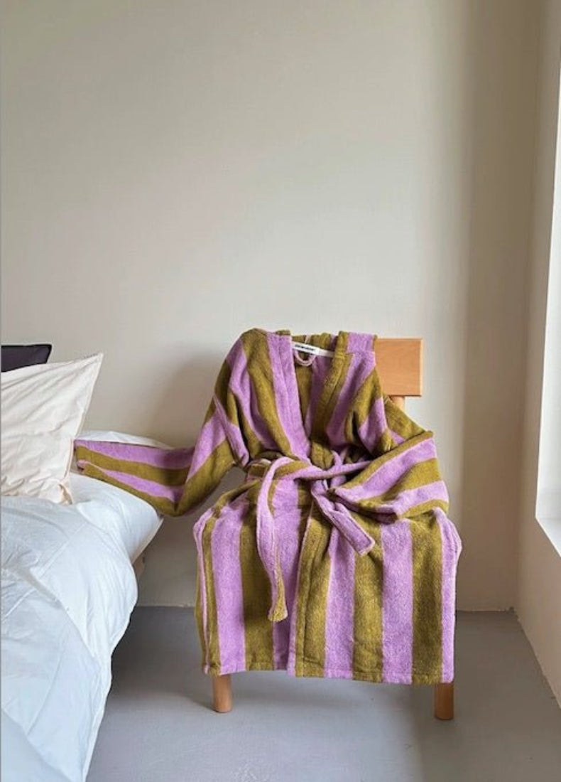 Ultra-soft retro striped bath robe by Inspecial Home, made from 100% organic long-staple cotton, perfect for cozy home decor.