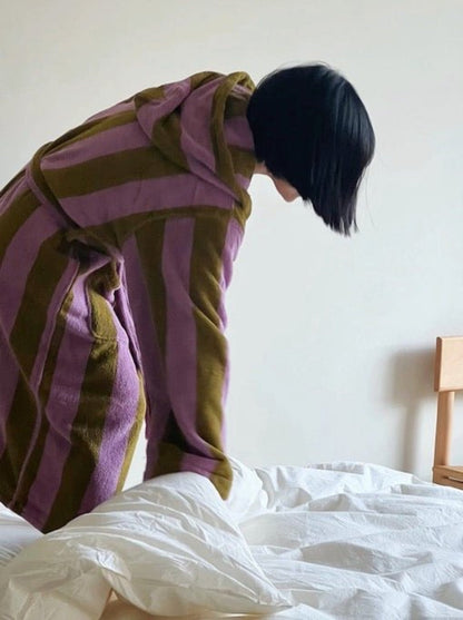 Ultra-soft retro striped bath robe by Inspecial Home, made from 100% organic long-staple cotton, perfect for cozy home decor.