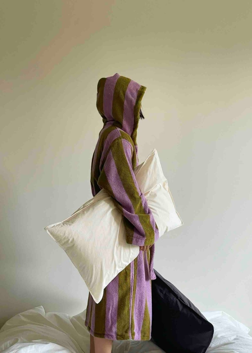 Ultra-soft retro whimsical stripe bath robe by Inspecial Home, made from 100% organic long-staple cotton, perfect for home comfort.