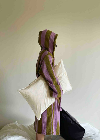 Ultra-soft retro whimsical stripe bath robe by Inspecial Home, made from 100% organic long-staple cotton, perfect for home comfort.