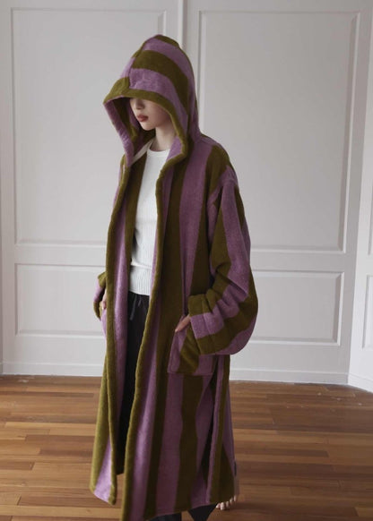 Ultra soft retro striped bath robe by Inspecial Home made from 100% organic long-staple cotton, showcasing its cozy, whimsical design.