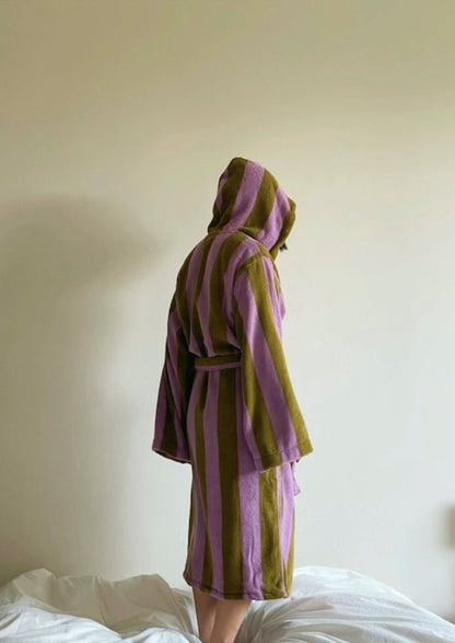Ultra-soft retro striped bath robe by Inspecial Home, made from 100% organic long-staple cotton, featuring whimsical design and cozy texture.