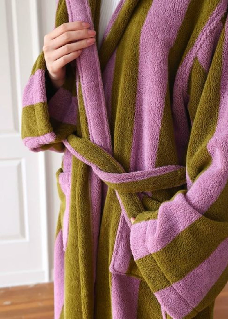 Ultra-soft retro stripe bath robe by Inspecial Home, made from 100% organic long-staple cotton, featuring whimsical stripe design.