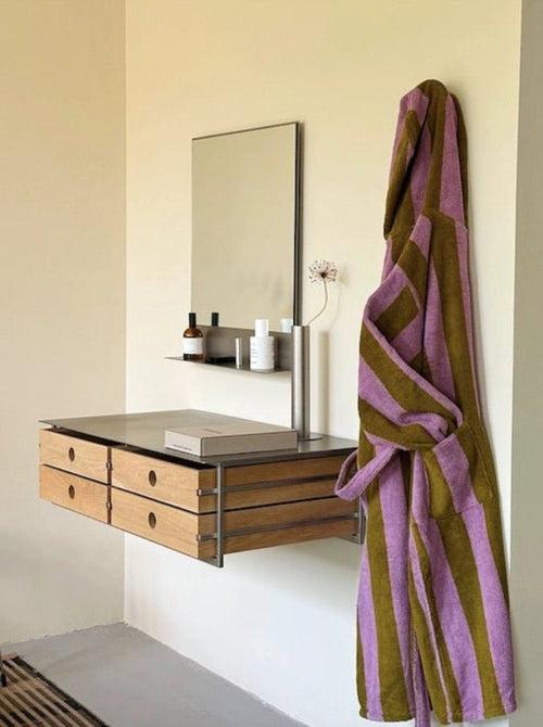 Inspecial Home ultra-soft retro stripe bath robe made of 100% organic cotton, featuring whimsical colorful stripes and long-stapled cotton fabric.