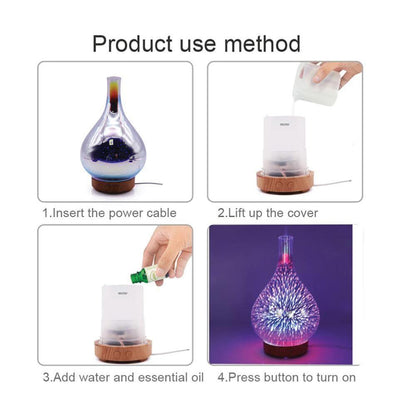 Ozdingo Essential Oil Aroma Diffuser with 3D Fireworks mirror design, ultrasonic glass air diffuser and humidifier for aromatherapy.