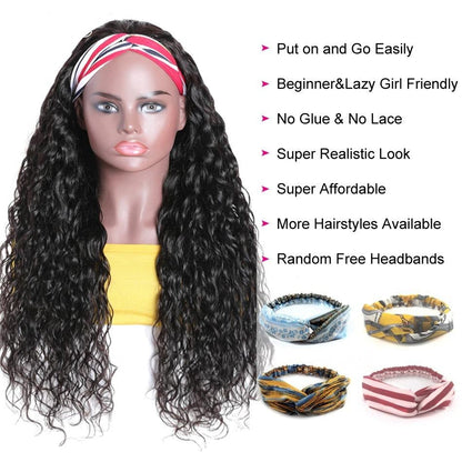 Water wave human hair headband wig by Cerise Alfie, easy-to-wear no-glue bath and beauty hair accessory, shown on a model.