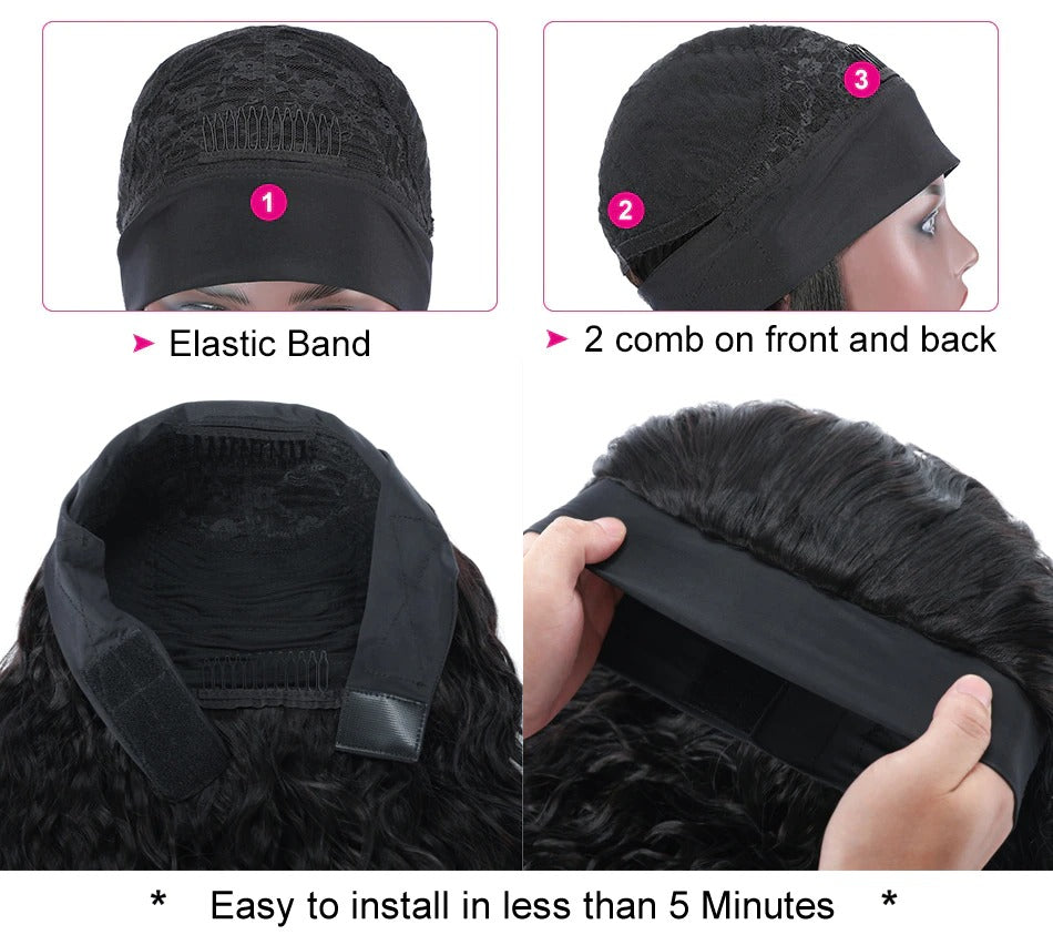 Cerise Alfie loose deep wave human hair headband wig with a soft scarf, easy to wear and no glue, perfect for natural hair styling.