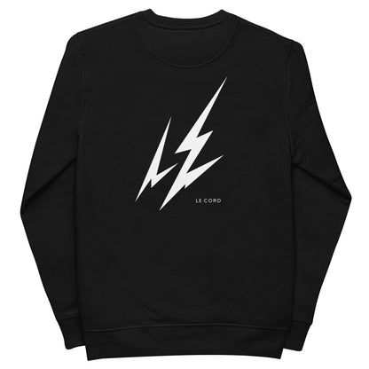 Unisex black CT Flash eco sweatshirt by Lavender Cassandra, view of the back showing comfortable fit and eco-friendly fabric.
