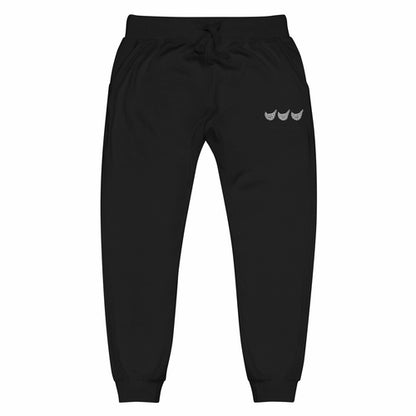 Black Jacki Easlick Three Chickens unisex fleece sweatpants by Yellow Eleusis, front view showing comfortable fit and soft fabric.