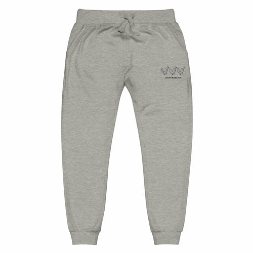 Yellow Eleusis Jacki Easlick Three Chickens unisex fleece sweatpants in carbon grey, showing front view with soft fleece fabric and relaxed fit.