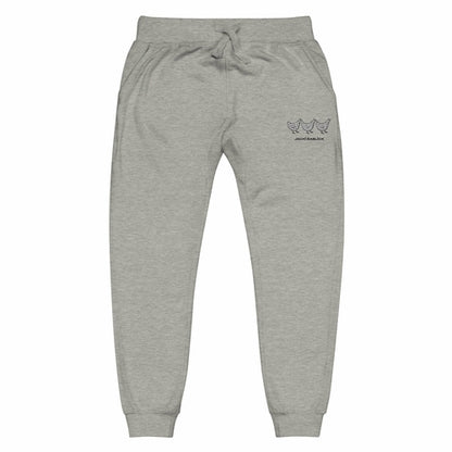Yellow Eleusis Jacki Easlick Three Chickens unisex fleece sweatpants in carbon grey, showing front view with soft fleece fabric and relaxed fit.