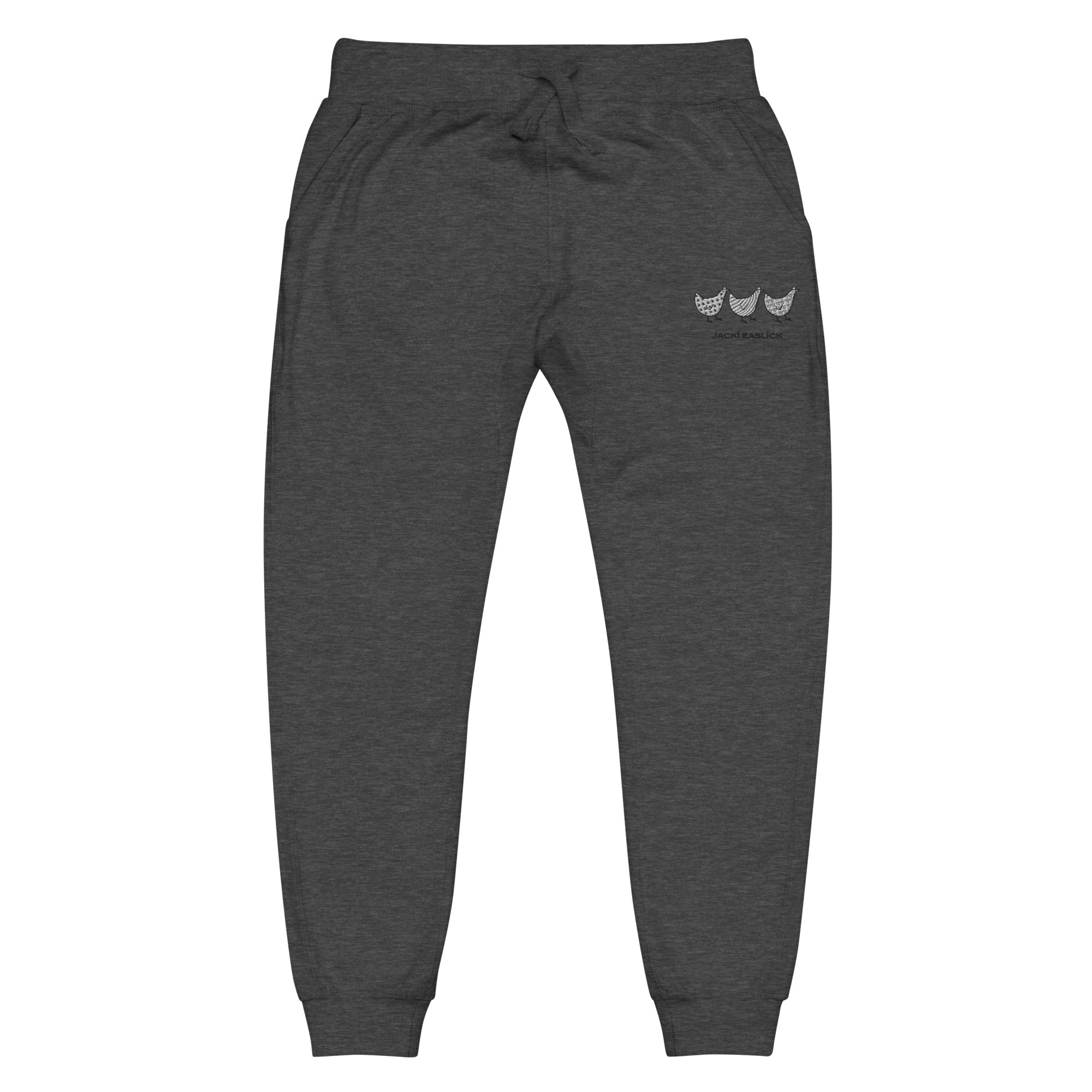 Unisex charcoal heather fleece sweatpants with Jacki Easlick Three Chickens design by Yellow Eleusis, front view.