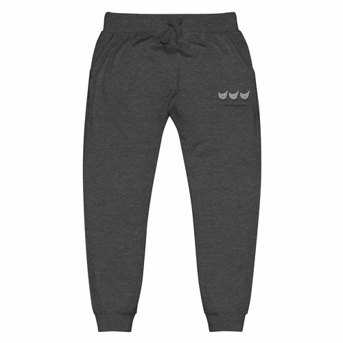 Charcoal heather Jacki Easlick Three Chickens unisex fleece sweatpants with a relaxed fit and comfortable design, by Yellow Eleusis.