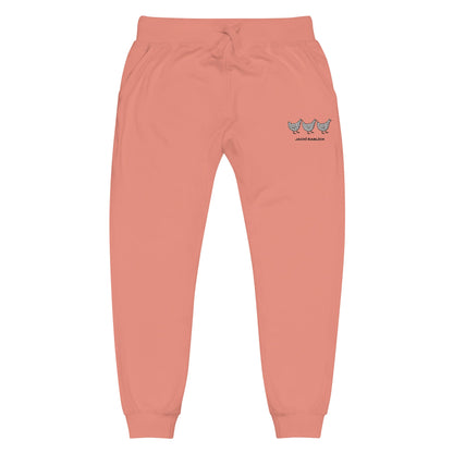 Unisex dusty rose fleece sweatpants with Jacki Easlick Three Chickens design by Yellow Eleusis, front view.