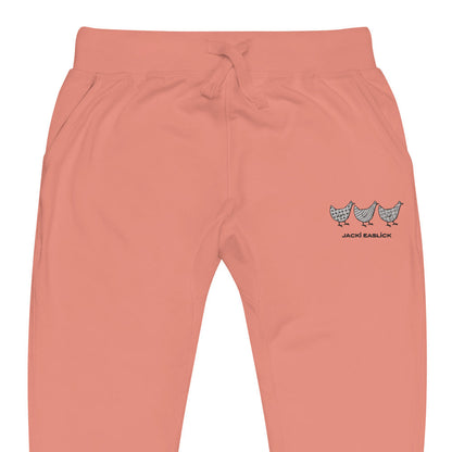 Yellow Eleusis Jacki Easlick Three Chickens unisex fleece sweatpants in dusty rose, shown in close-up detail.