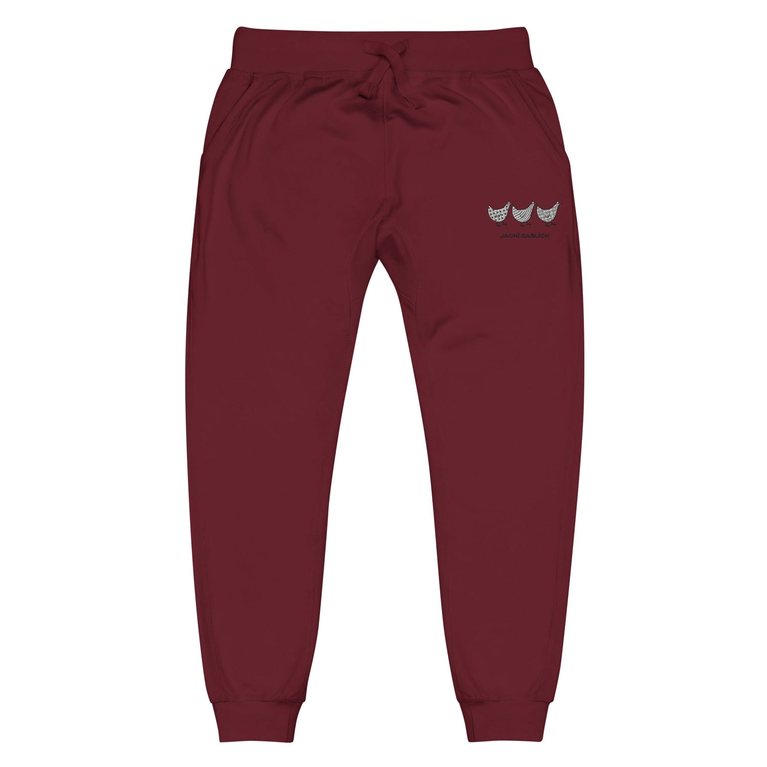 Maroon Jacki Easlick Three Chickens unisex fleece sweatpants with yellow Eleusis branding, front view showing relaxed fit.