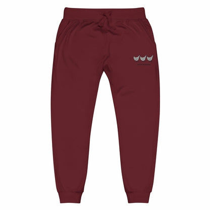 Maroon Jacki Easlick Three Chickens unisex fleece sweatpants with front pockets and relaxed fit, by Yellow Eleusis.