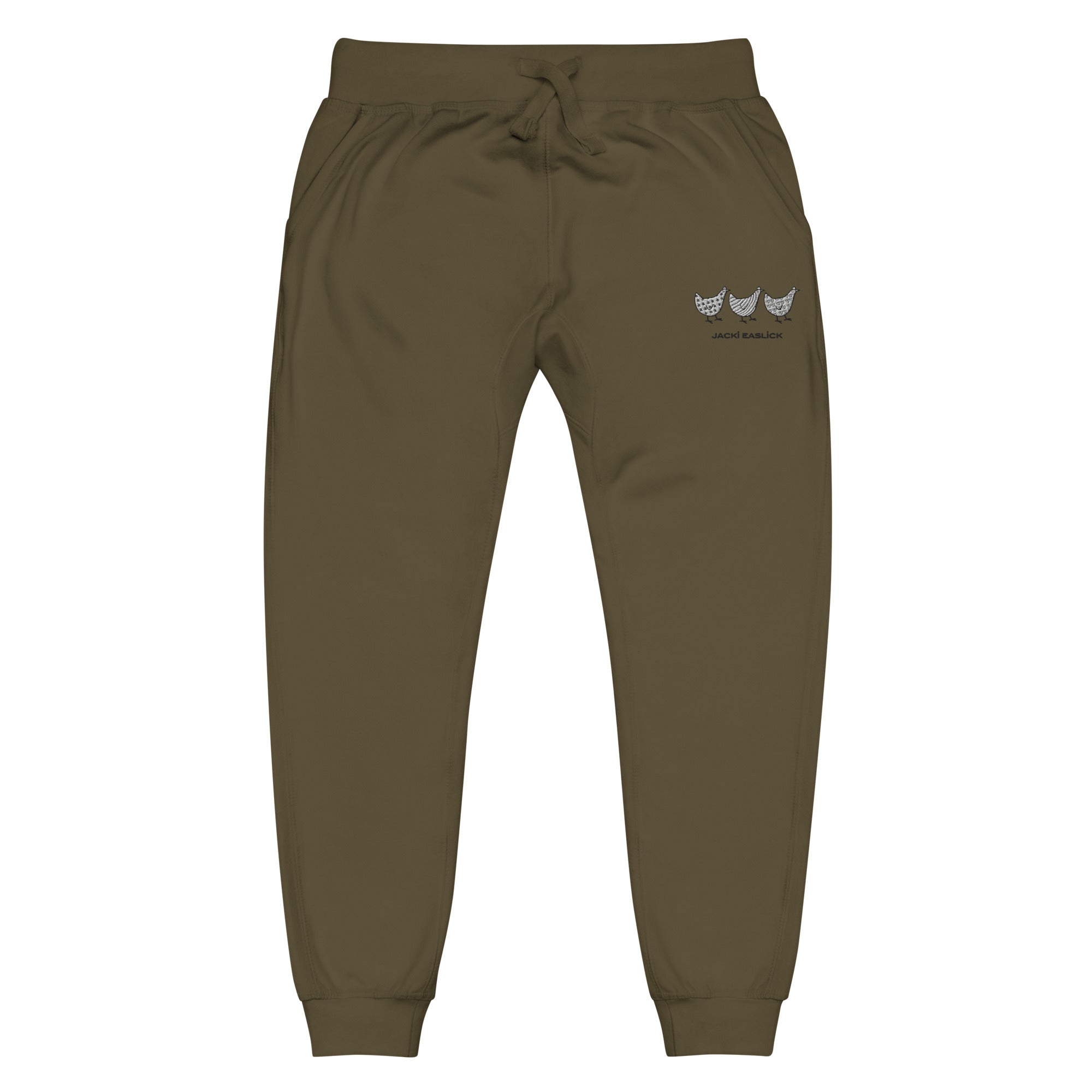 Yellow Eleusis Jacki Easlick Three Chickens unisex fleece sweatpants in military green, front view showing relaxed fit and soft fabric.