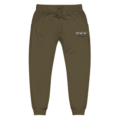 Yellow Eleusis Jacki Easlick Three Chickens unisex fleece sweatpants in military green, front view showing relaxed fit and soft fabric.
