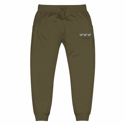 Yellow Eleusis Jacki Easlick Three Chickens unisex fleece sweatpants in military green, front view showing waistband and relaxed fit.