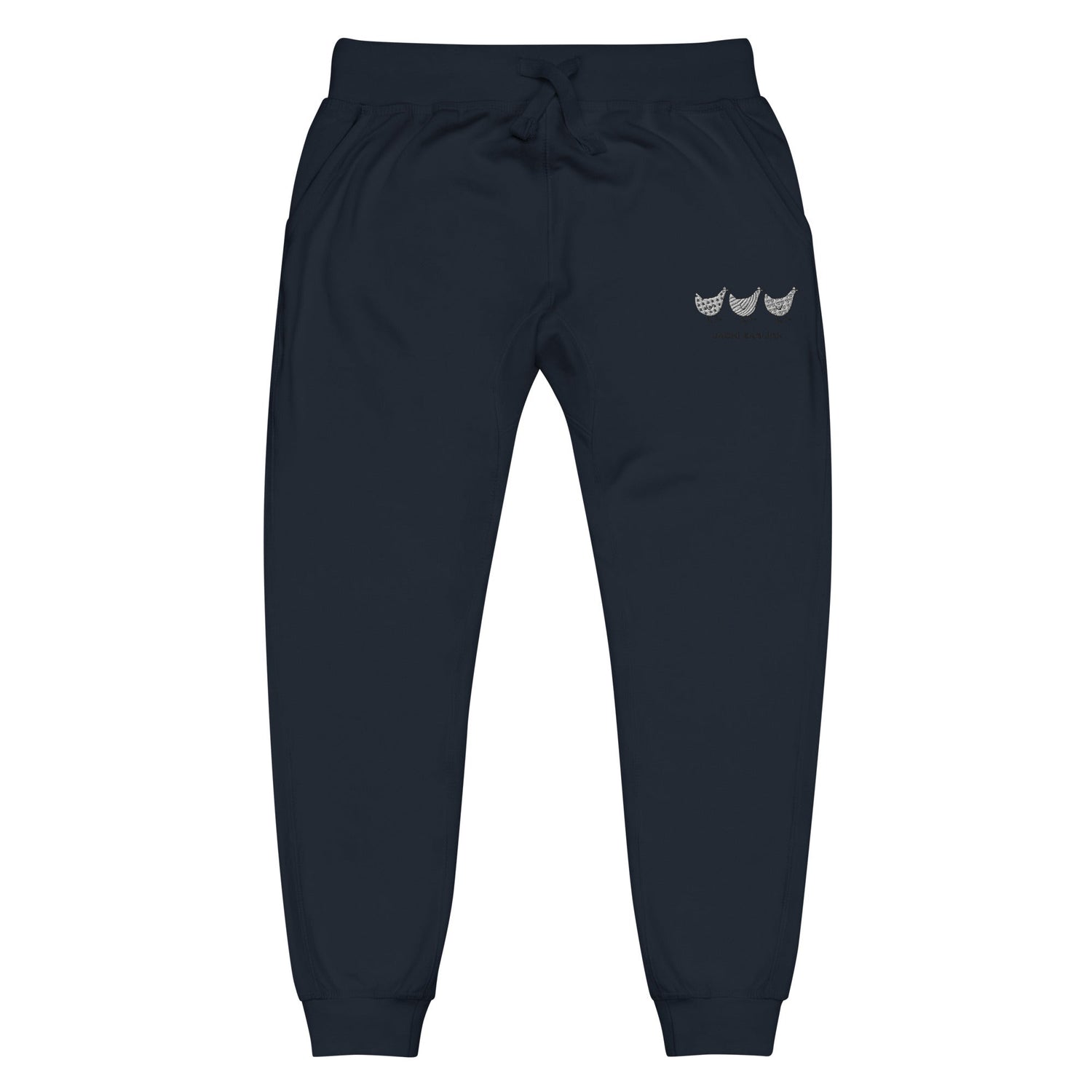 Yellow Eleusis Jacki Easlick three chickens unisex navy fleece sweatpants with a front view, casual and comfortable for everyday wear.