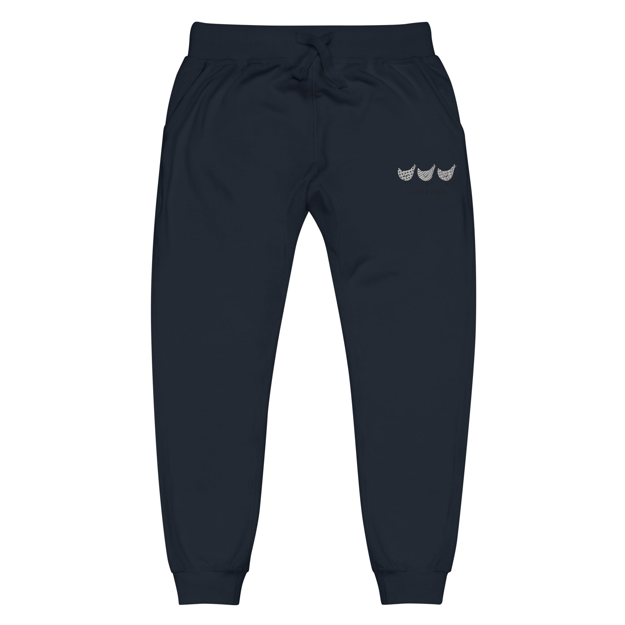Yellow Eleusis Jacki Easlick three chickens unisex navy fleece sweatpants with a front view, casual and comfortable for everyday wear.