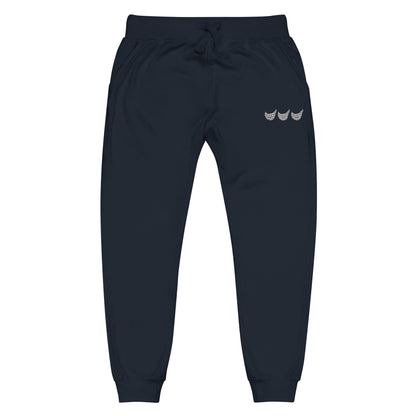 Yellow Eleusis Jacki Easlick three chickens unisex navy fleece sweatpants with a front view, casual and comfortable for everyday wear.