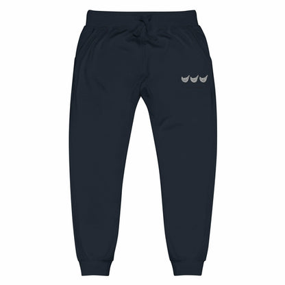 Yellow Eleusis Jacki Easlick Three Chickens unisex navy fleece sweatpants with front pockets and relaxed fit.