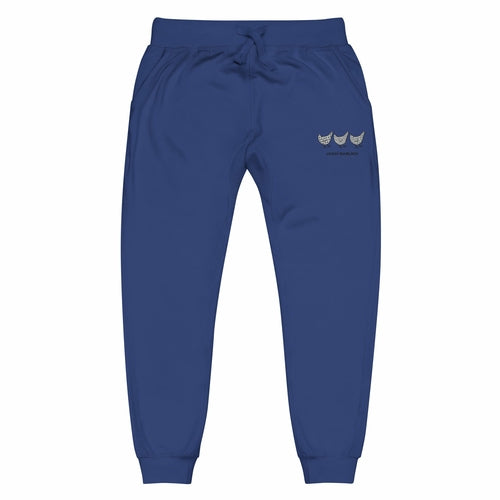 Yellow Eleusis Jacki Easlick Three Chickens unisex fleece sweatpants in royal blue, front view with embroidered chick design.