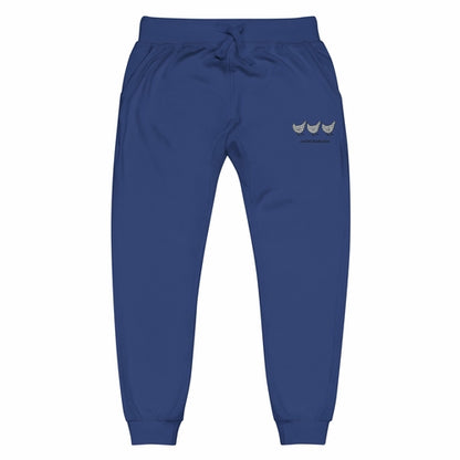 Yellow Eleusis Jacki Easlick Three Chickens unisex fleece sweatpants in royal blue, front view with embroidered chick design.