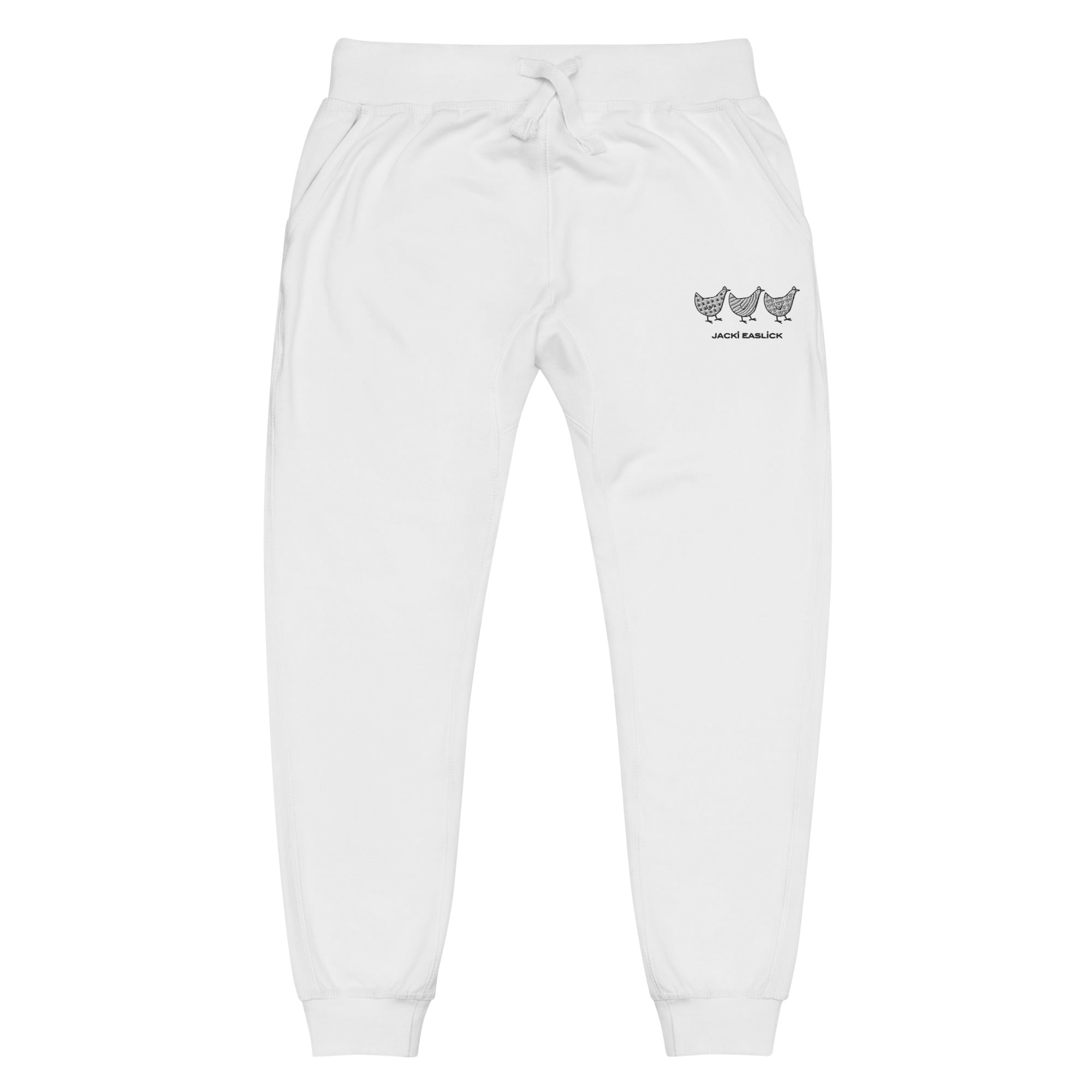 Yellow Eleusis Jacki Easlick Three Chickens unisex fleece sweatpants in white, front view showing cozy fabric and relaxed fit.