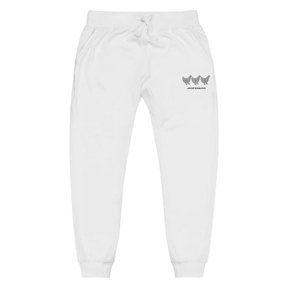 Yellow Eleusis Jacki Easlick Three Chickens unisex fleece sweatpants in white, front view showing cozy fabric and relaxed fit.