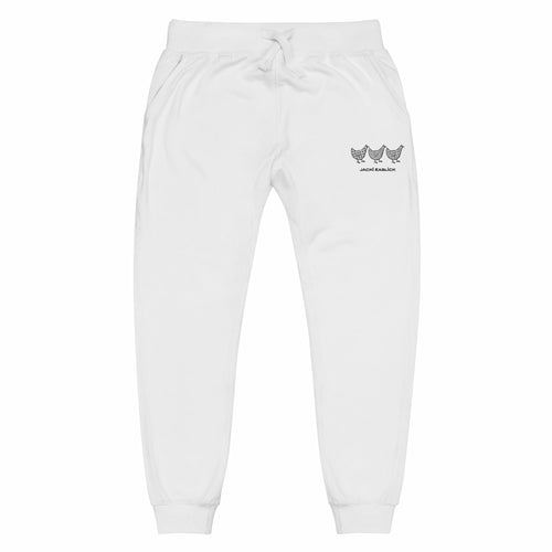Yellow Eleusis Jacki Easlick three chickens unisex fleece sweatpants in white, front view showing the relaxed fit and soft fabric.
