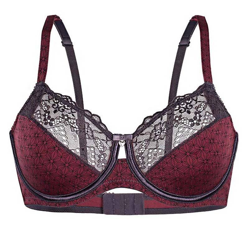 Lime Lucy Sassa Daily Event semi-sheer full-figure bra with lace details in red and black, unlined lingerie for full-figure support.