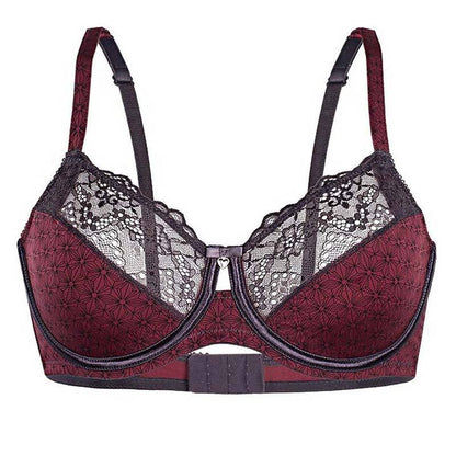 Lime Lucy Sassa Daily Event semi-sheer full-figure bra with lace details in red and black, unlined lingerie for full-figure support.