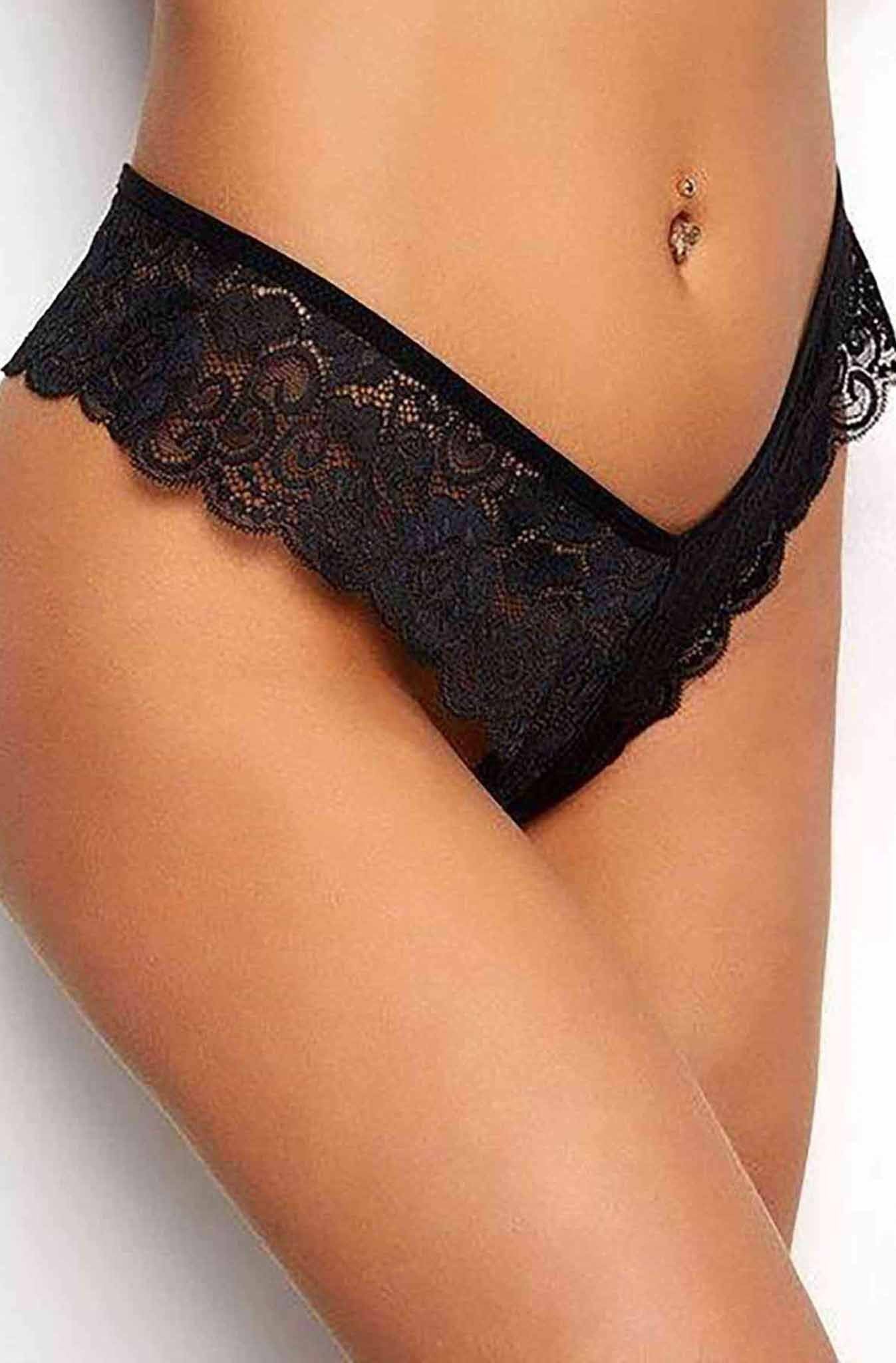 Black trim lace thong with V-back and criss-cross design, by Harlequin Icarus, showcasing delicate lace details and comfortable fit.