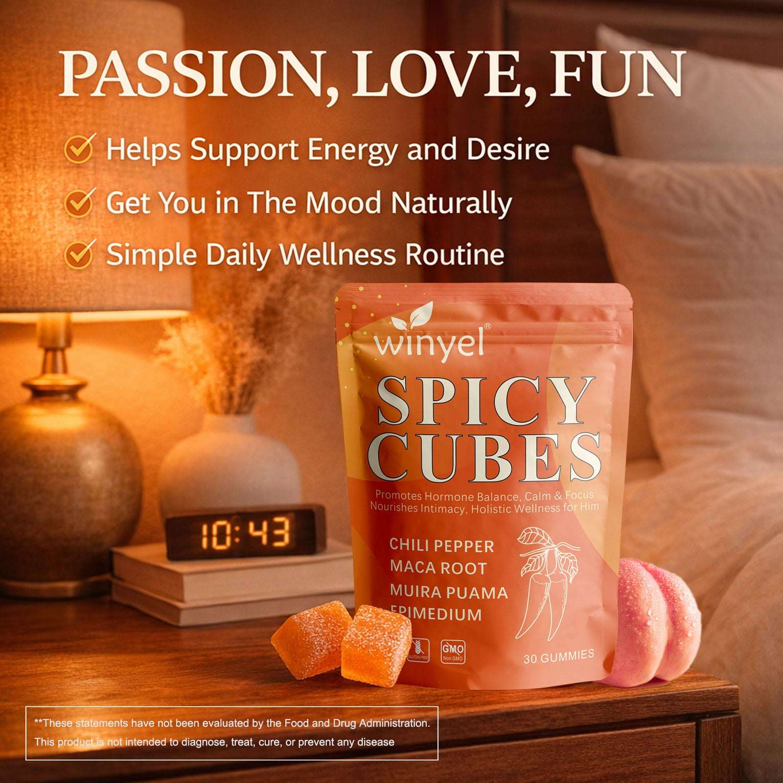 Spicy Cubes Intimacy Gummies by Apricot Hemera with chili pepper, Muira Puama, and Maca, showing colorful gummy cubes.