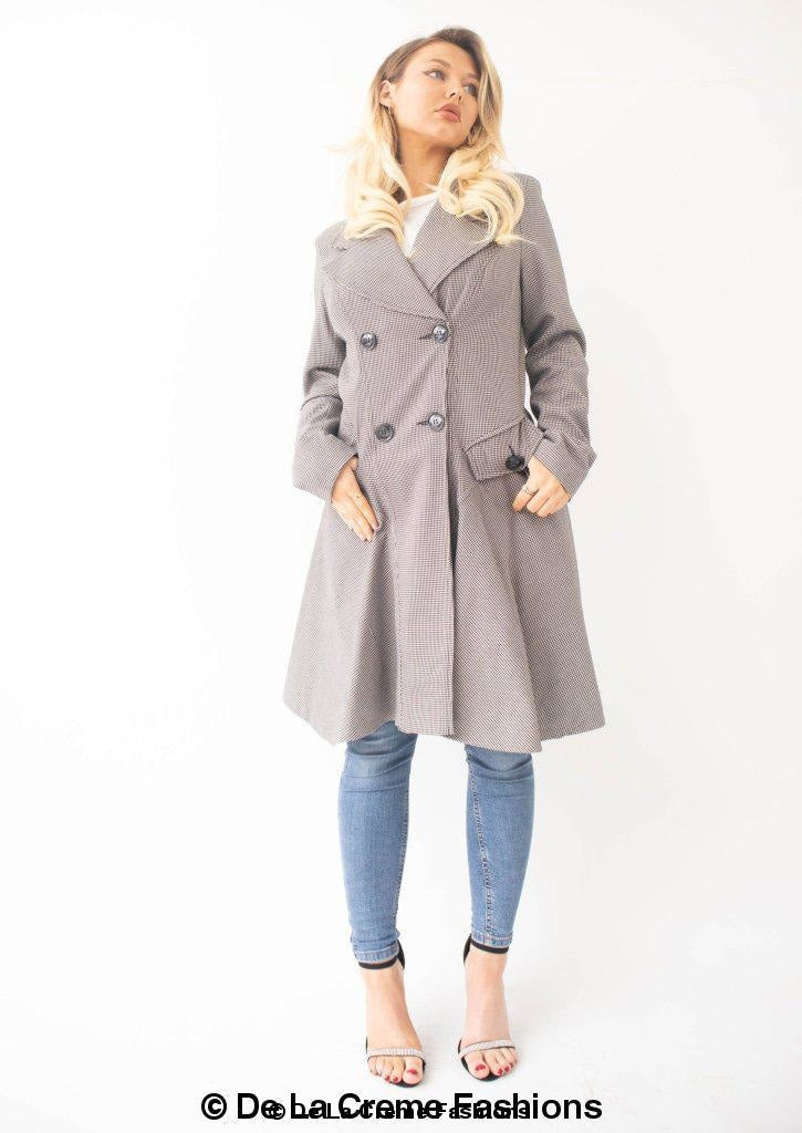 Rose Eleusis Vanessa dogtooth fit and flare mac coat, stylish jacket with a classic pattern, tailored fit, and feminine silhouette.
