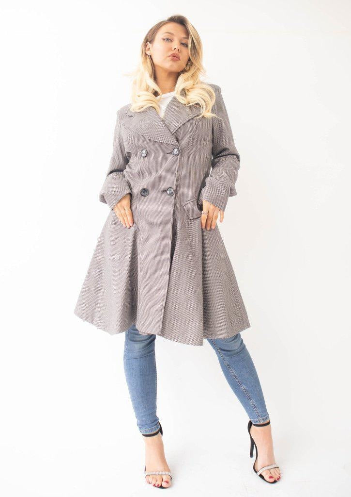 Rose Eleusis Vanessa dogtooth fit and flare mac coat, stylish jacket with a classic pattern and tailored fit, perfect for cool weather.